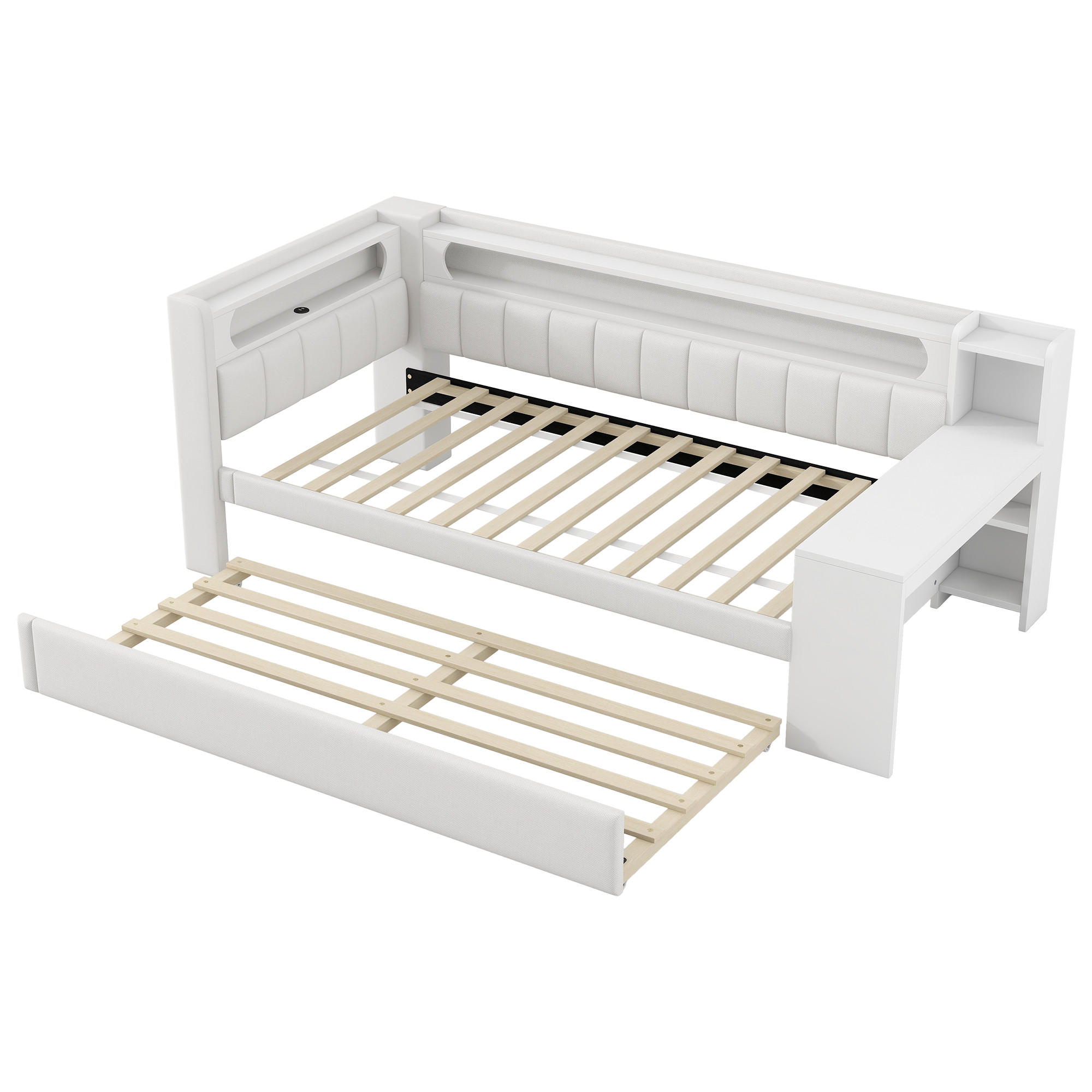 AUSZIEHBETT 90/200 cm DE-03383, mit LED, Ausziehbett und Schreibtisch, in Weiß - Weiß, Holzwerkstoff (90/200cm) - ComfortXL