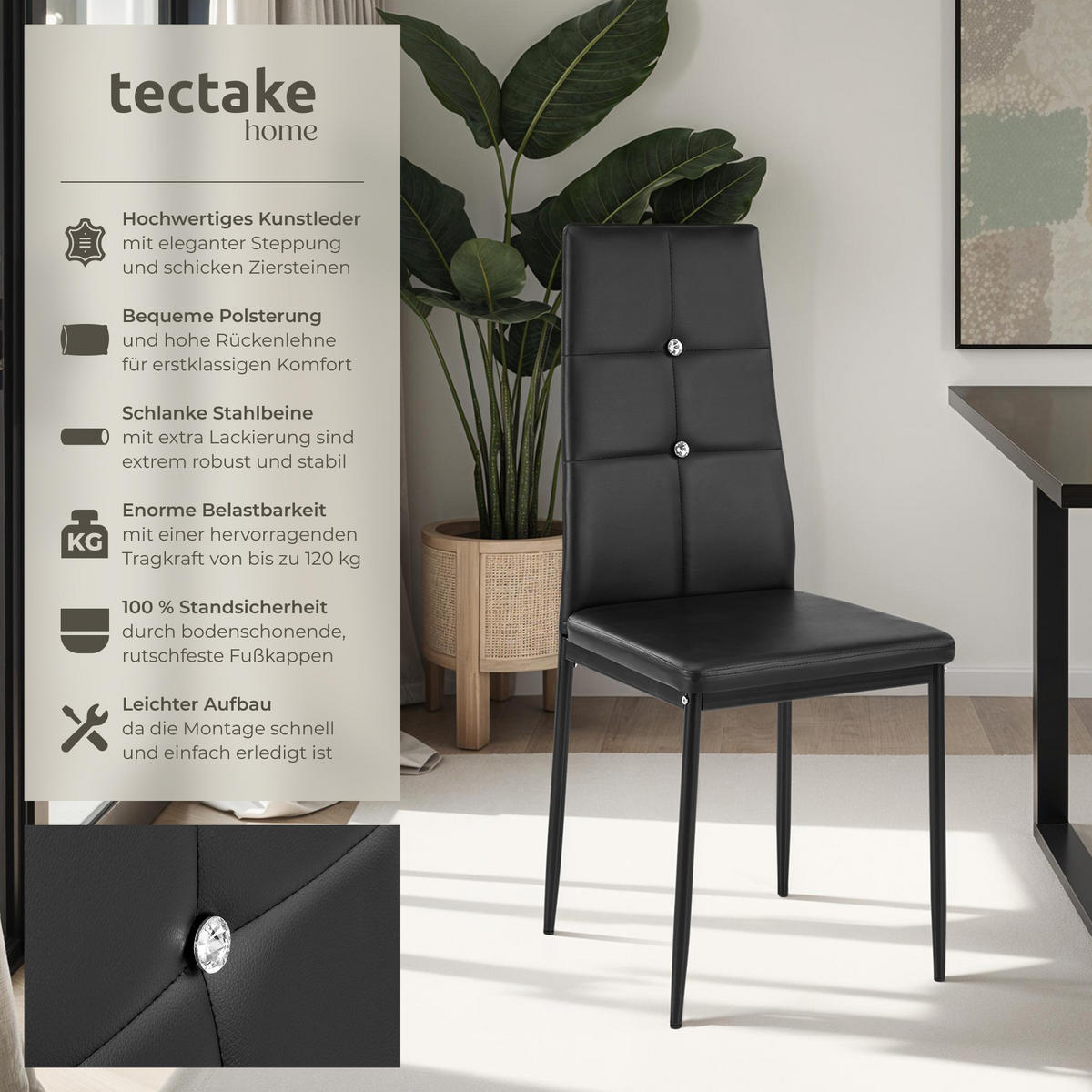ESSZIMMERSTUHL 6er Set Julien 40 x 42 x 97 cm schwarz - Schwarz, Textil (42/97/40cm) - tectake