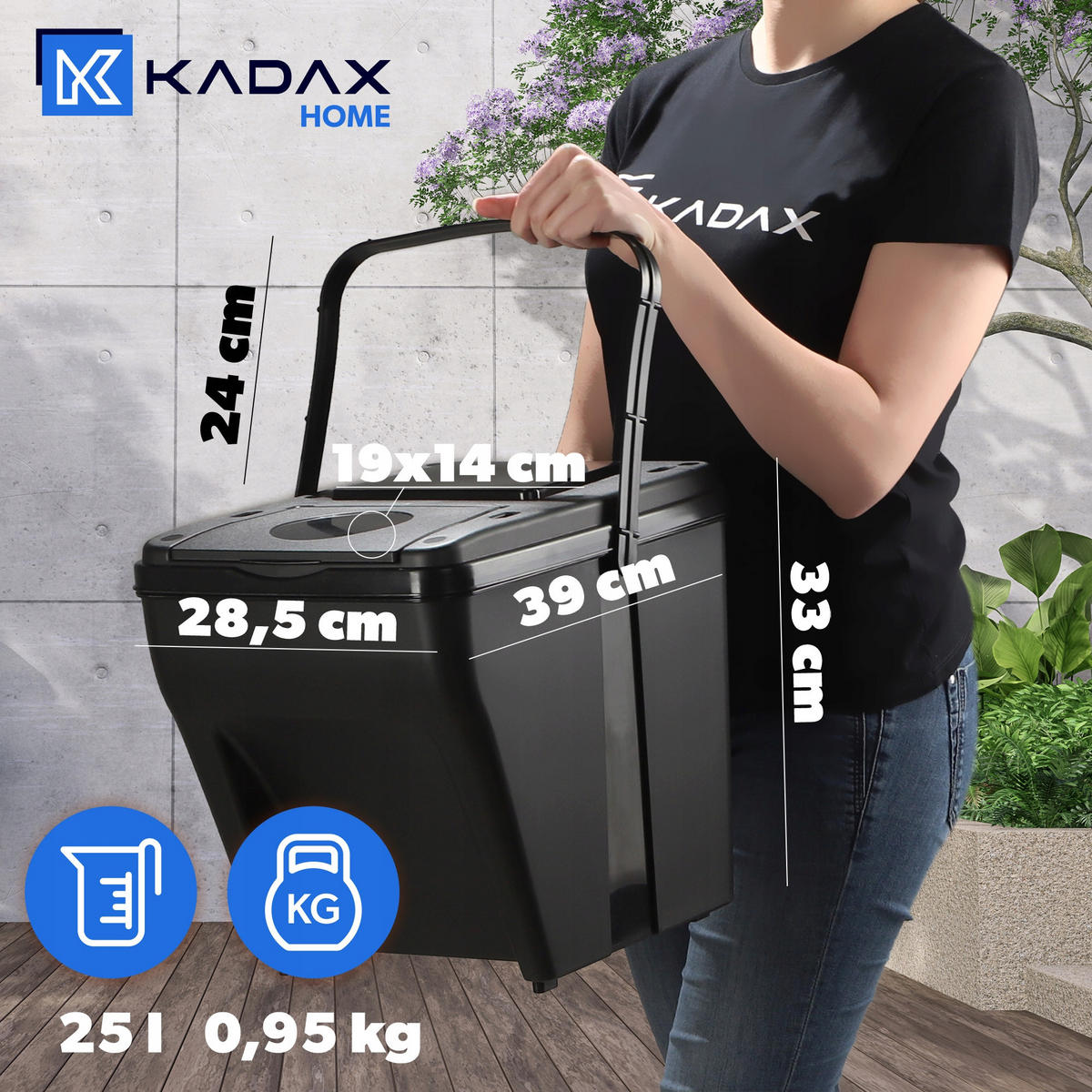 ABFALLBEHÄLTER mit Griff + Etiketten, 3x25L - Schwarz, Kunststoff (39/33cm) - KADAX