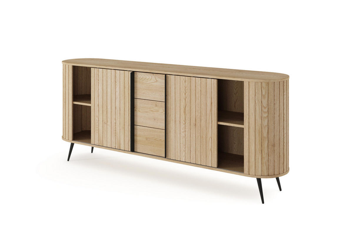 SIDEBOARD LOVI 196 cm Eiche Cremona - mit Schiebetüren und Riffel-Front - Eichefarben/Schwarz, Holz/Holzwerkstoff (196/82/40cm) - Ravio