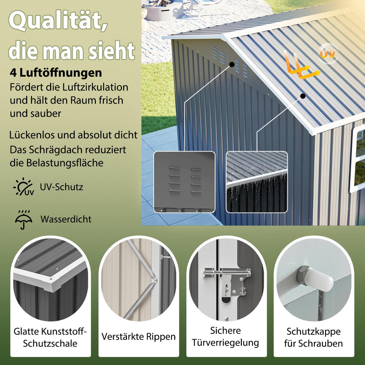 GERÄTEHAUS 310.9/240/201 cm Grau mit Fenster, 4 Lüftungen und Fundament - Grau, Metall (240/201/310.9cm) - Oxeza