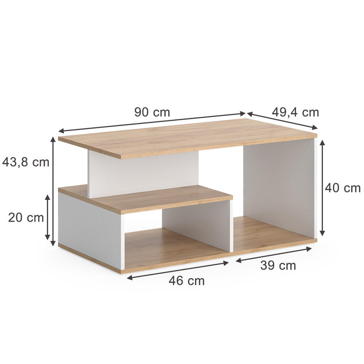 COUCHTISCH Hasso Goldkraft Eiche/Weiß 90 x 49.4 cm - Eiche Wotan/Weiß, Holzwerkstoff (49.4/90/43.8cm) - Vicco