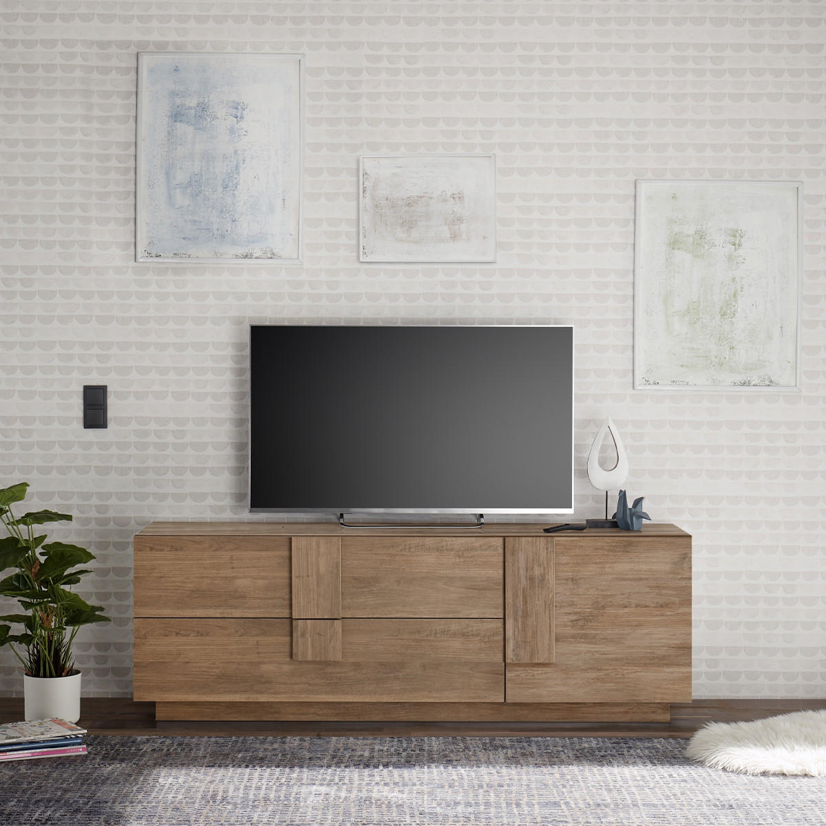 TV-MÖBEL mit 2 Schubladen und 1 Tür L182 cm - Jupiter - Eiche Artisan, Holzwerkstoff (44/63/182cm) - Calicosy