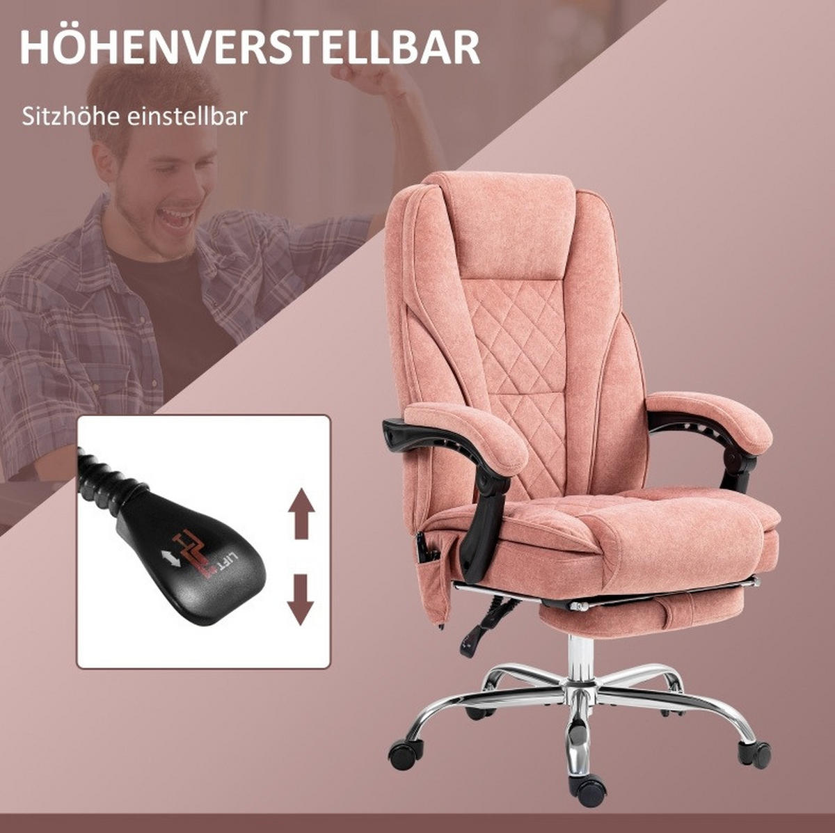 BÜROSTUHL mit Vibrationsmassage 67 x 72 x 111-119 cm Polyester Pink - Pink, Kunststoff (67/119/72cm) - Meubliv