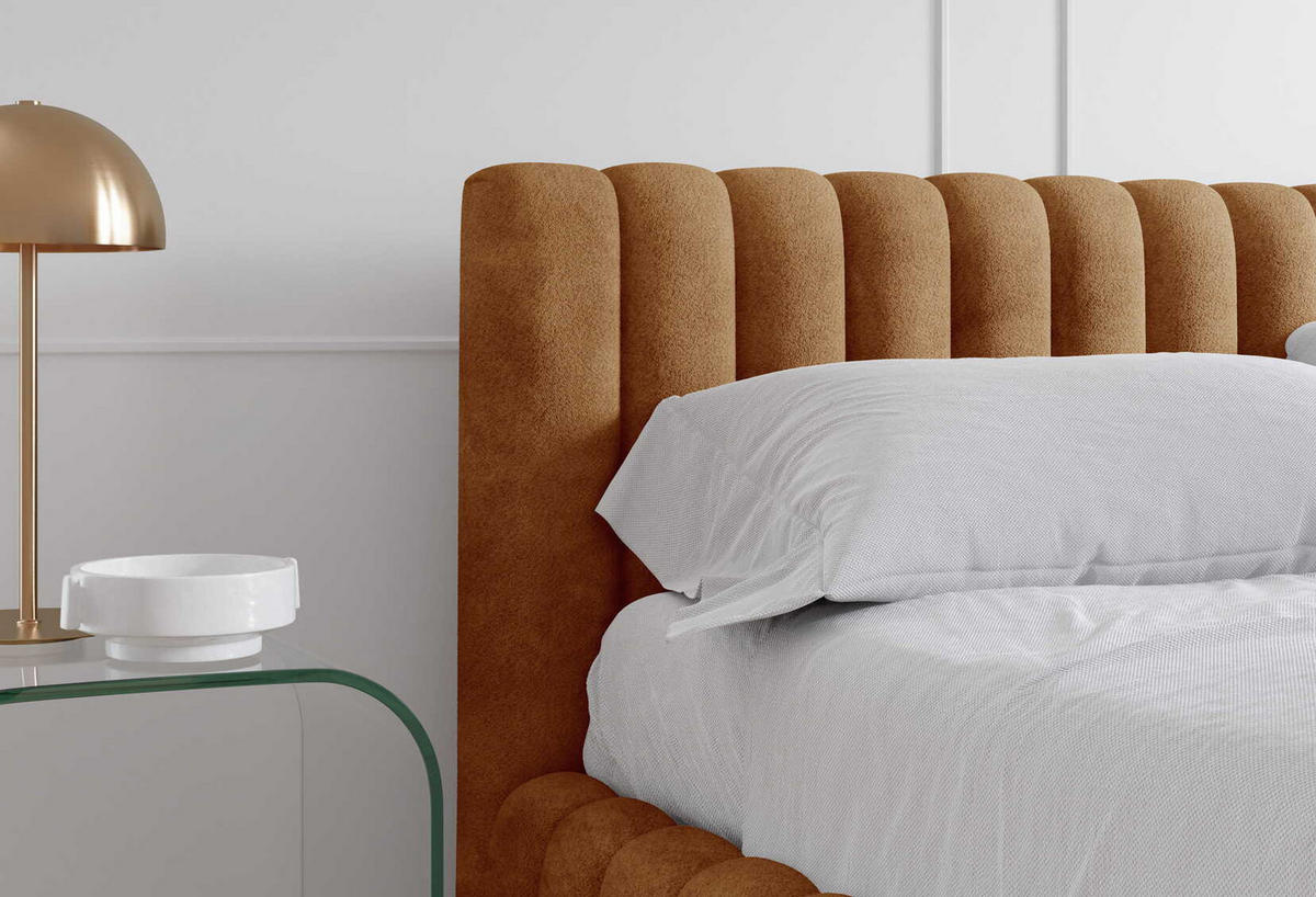 DOPPELBETT Bouclé 160x200 Livia mit Mettalllattenrost, Bettkasten, Orange - Orange, Holz/Textil (160/200cm) - Emporius