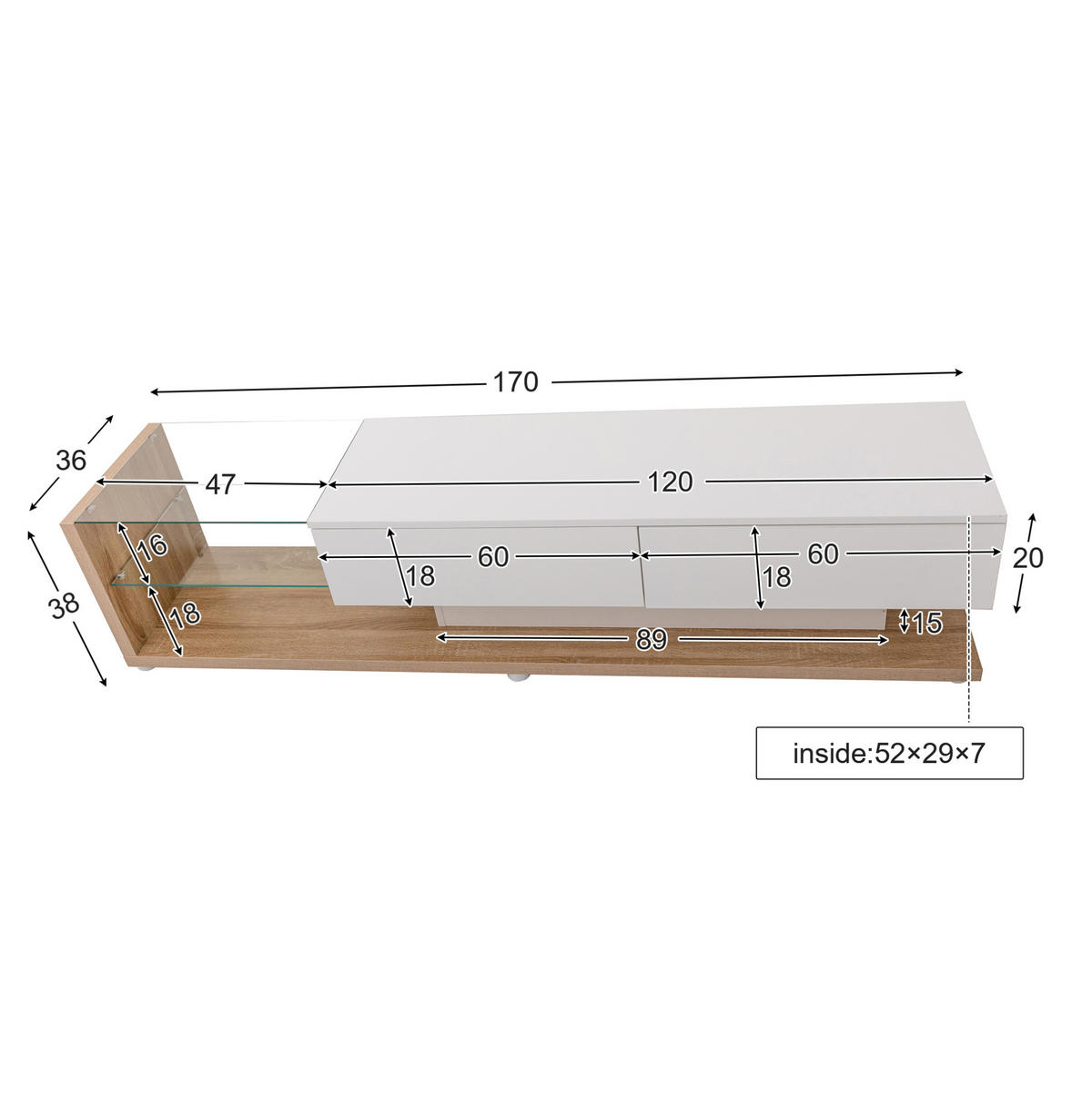 TV ormarić 170/36/38 cm bijeli od iverala s LED rasvjetom i staklenim policama - bijela, drvni materijal (170/38/36cm) - OKWISH