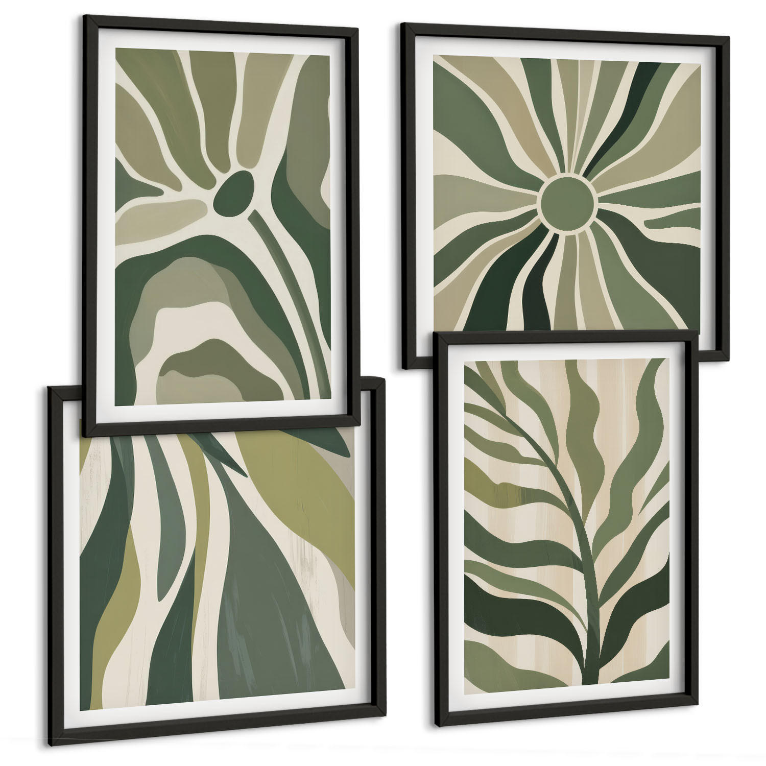 BILDER SET 4er Set - 50x50 cm & 40x60 cm Schwarzer Rahmen - Bemalte Blätter mit Grün - Schwarz, Kunststoff (50/50cm) - TULUP