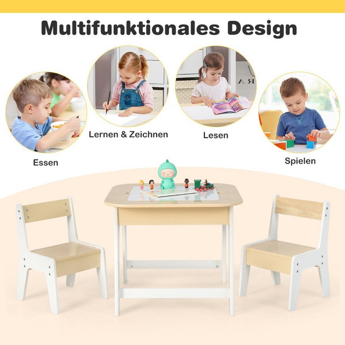 KINDERTISCH mit 2 Stühlen weiß (3-tlg) - Weiß, Holzwerkstoff (60/49/60cm) - COSTWAY