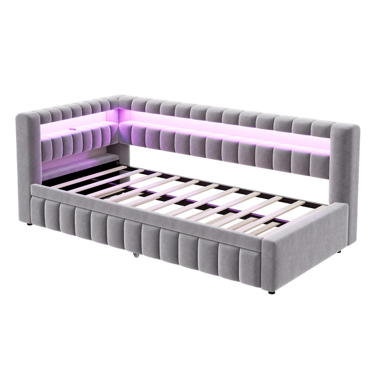 AUSZIEHBETT 90/180/200 cm DE-01672, in Hellgrau, mit LED-Beleuchtung und USB-Ladeanschluss - Hellgrau, Metall (90/200cm) - ComfortXL