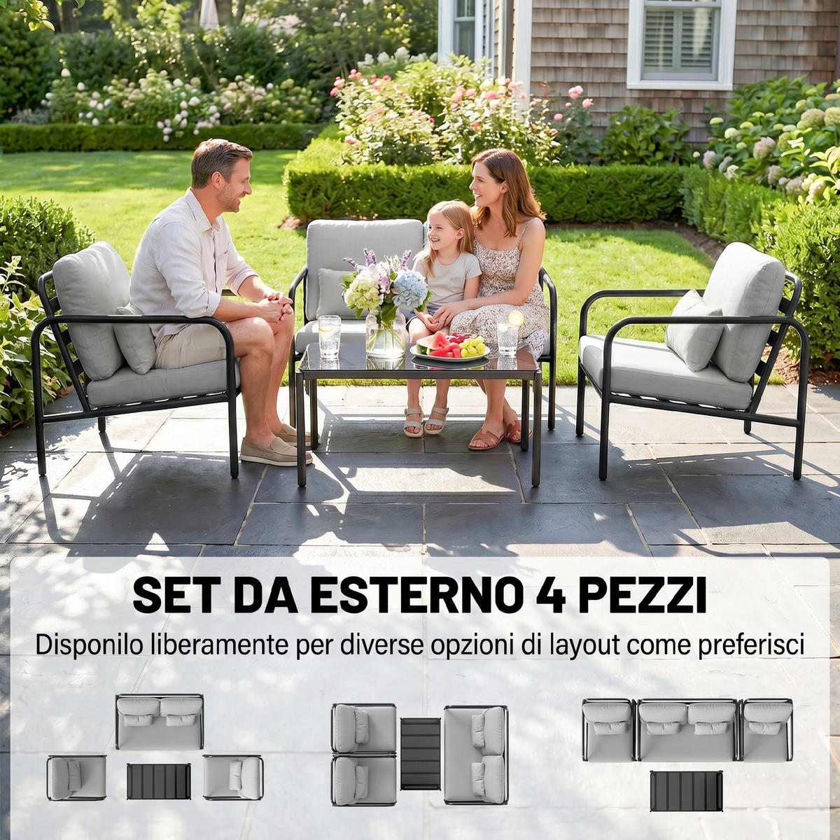 GARTENMÖBEL-SET, Stahl 4-teilig Doppelsofa, hellgrau - Grau, Metall - Vallsero