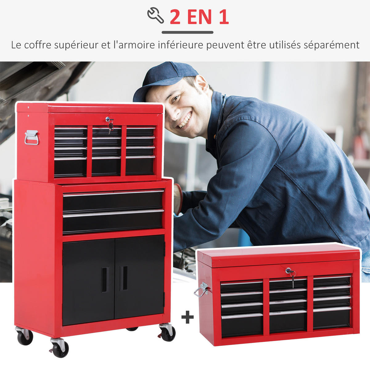 WERKZEUGWAGEN DE-18982 6 Schubladen + abnehmbarer Koffer Rot/Schwarz - Rot, Metall (39/73/68cm) - ComfortXL