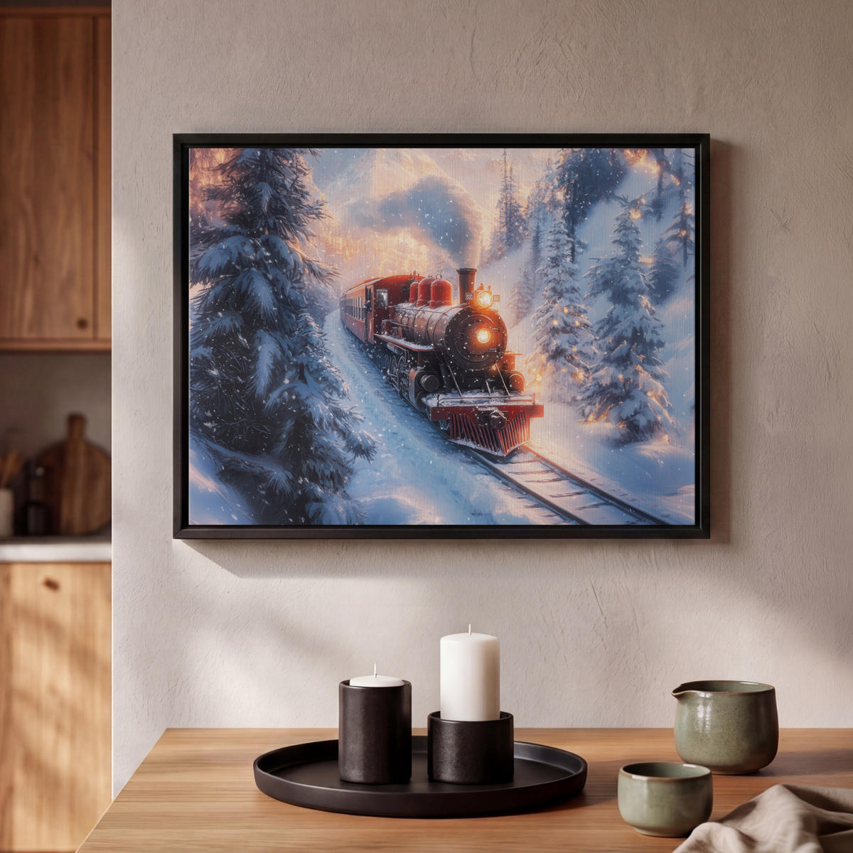 LEINWAND Bilder mit Rahmen - Weihnachtszug - Schnee - Winter - Weihnachten - 40x30 - Dunkelrot, Textil (40/30cm) - MuchoWow
