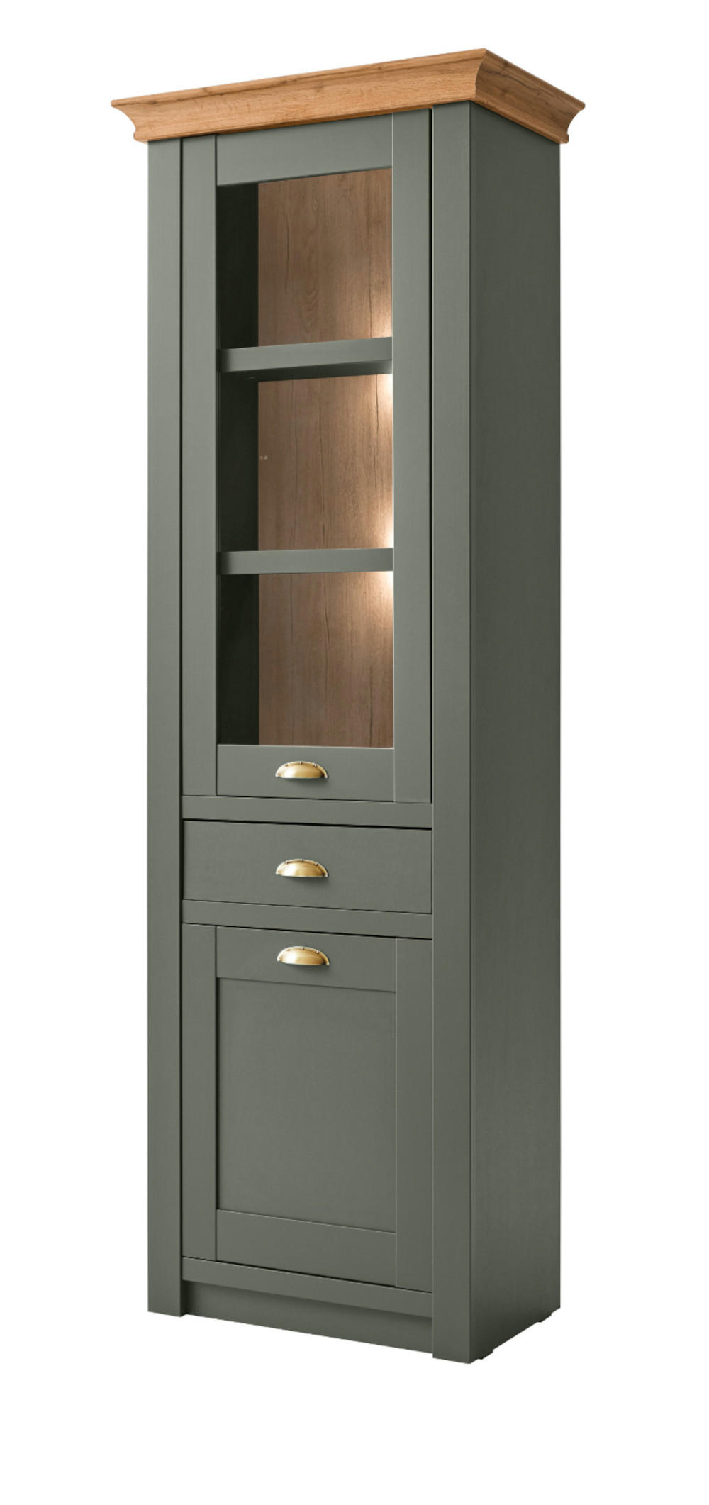 VITRINE grün, Wotan Eiche 68 x 207 cm, Vitrinenschrank im Landhaus-Stil - Dunkelgrün/Messingfarben, Glas/Holzwerkstoff (68/207/45cm) - Furn.Design