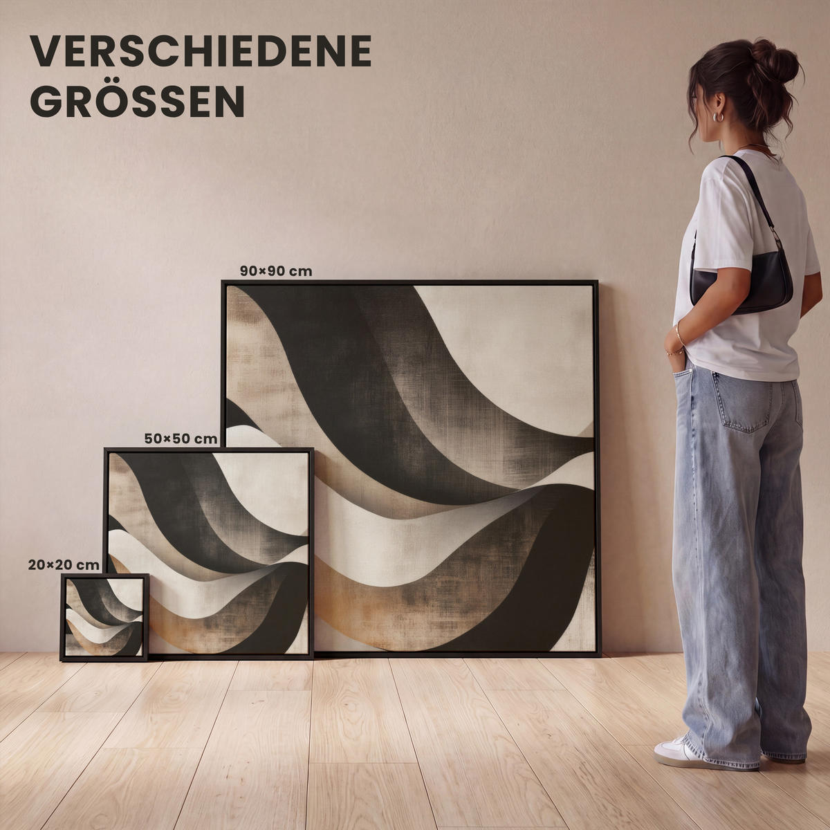 LEINWAND Bilder mit Rahmen - Abstrakt - Wellen - Schwarz - Verwittert - 20x20 - Trüffeleichefarben, Textil (20/20cm) - MuchoWow
