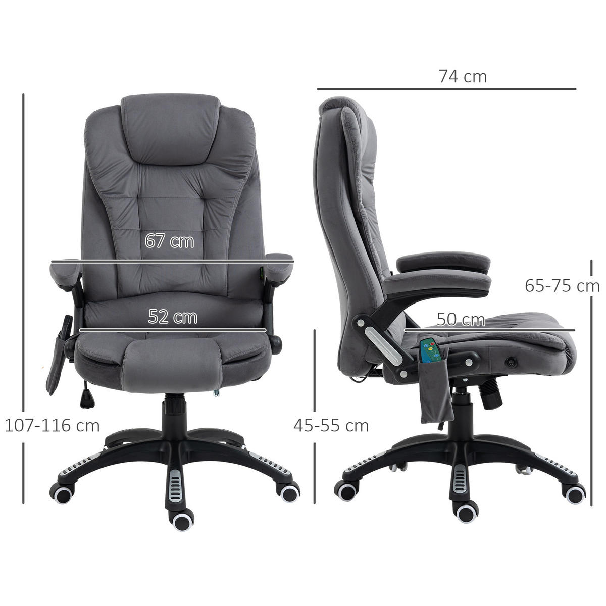 MASSAGE-BÜROSTUHL mit Wippfunktion, Schreibtischstuhl mit Heizfunktion, Grau - Dunkelgrau/Schwarz, Kunststoff/Textil (74/116/67cm) - Vinsetto