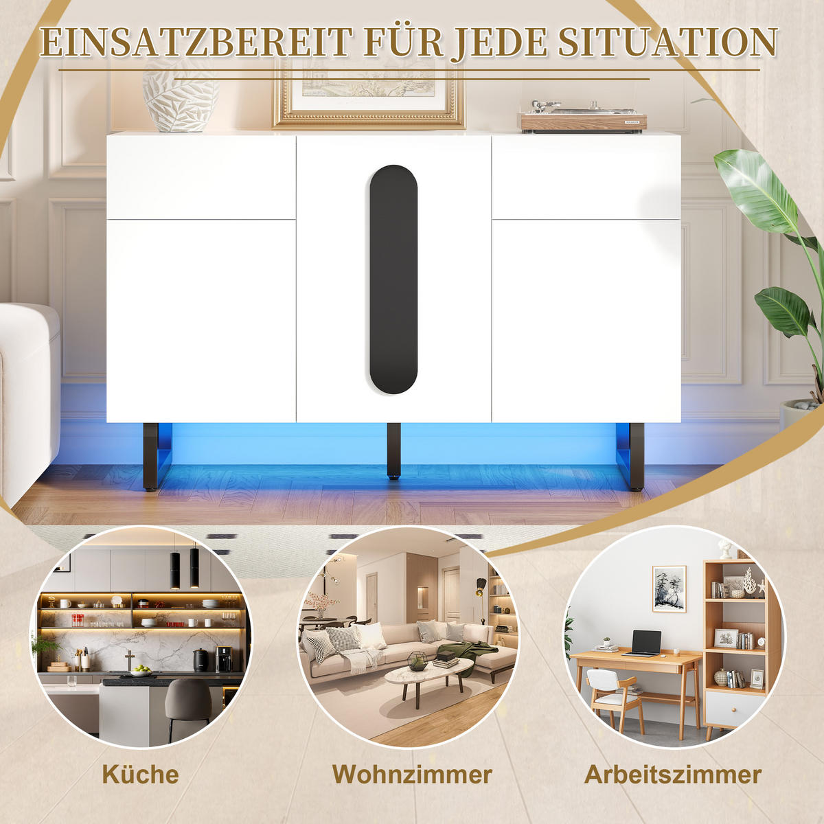 SIDEBOARD 120 cm mit Schubladen, Türen und Metallbeinen, Weiß - Weiß, Holzwerkstoff (120/75/40.5cm)