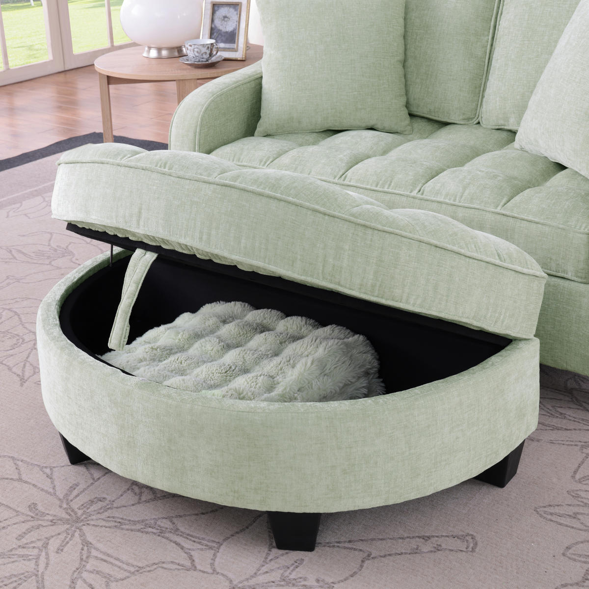 SOFA Chenille Cyan mit Stauraumhocker - Hellgrün, Holzwerkstoff/Kunststoff (132/93/129cm) - WISHDOR
