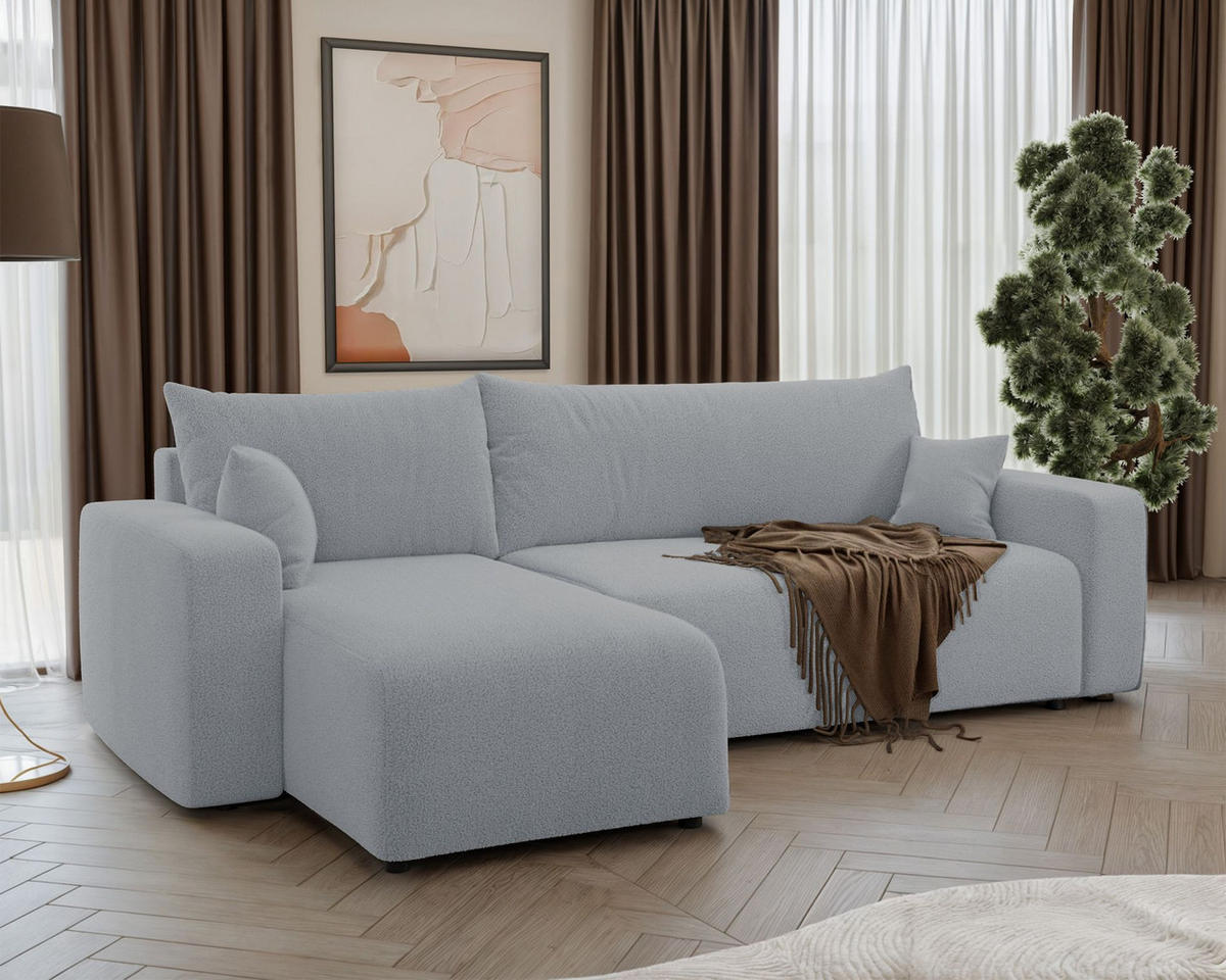 ECKSOFA Pianoni Hellgrau Bouclé-Bezug - Hellgrau/Schwarz, Kunststoff/Textil (244/140cm) - Selsey
