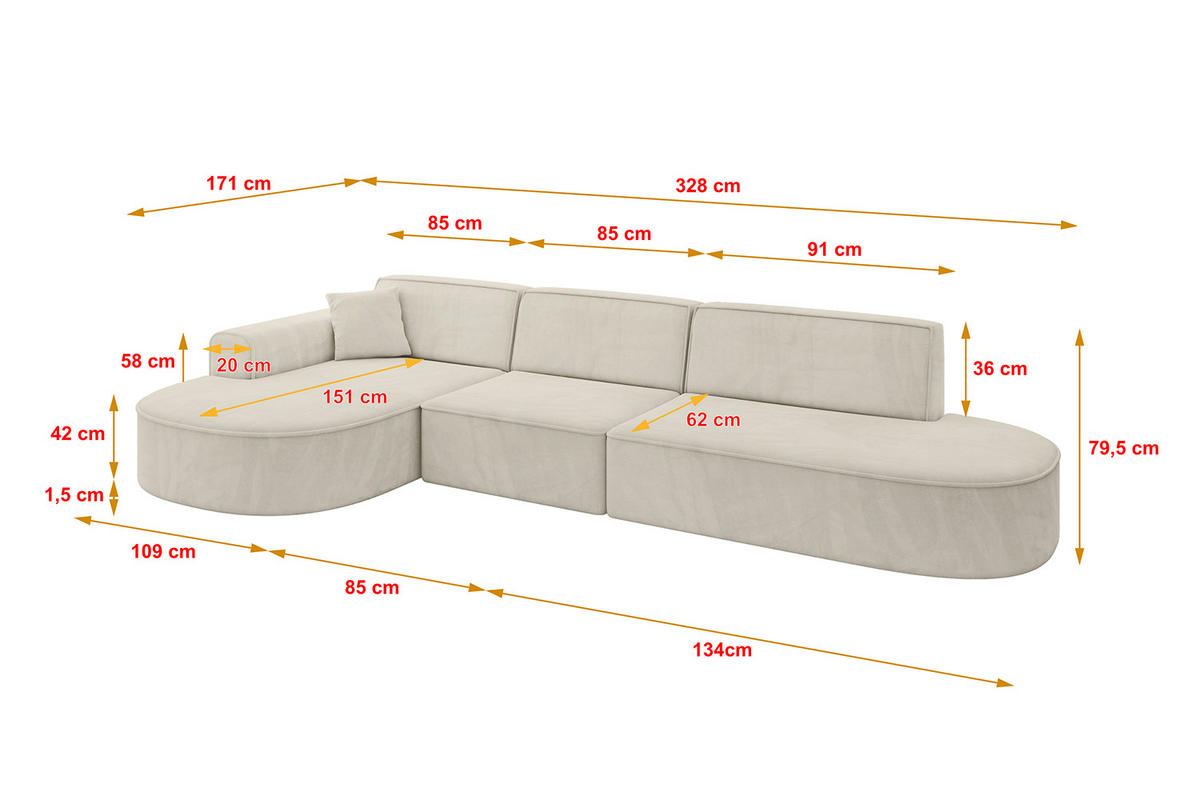 ECKSOFA Ottomane Links MARI-L2 - 328x171x79 cm Ecru Velours - Ecru/Schwarz, Holzwerkstoff/Kunststoff (328/171cm) - ALTDECOR