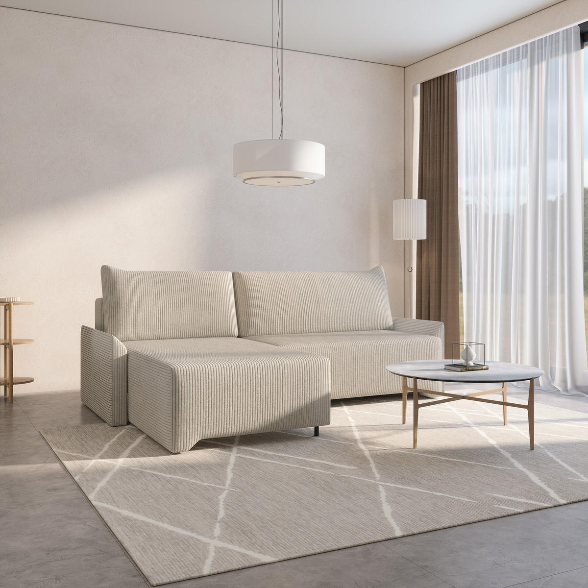 ECKSCHLAFSOFA - Rocky - Links, Creme (Poso 100) - Creme/Schwarz, Holzwerkstoff/Metall (245/174cm) - Möblo