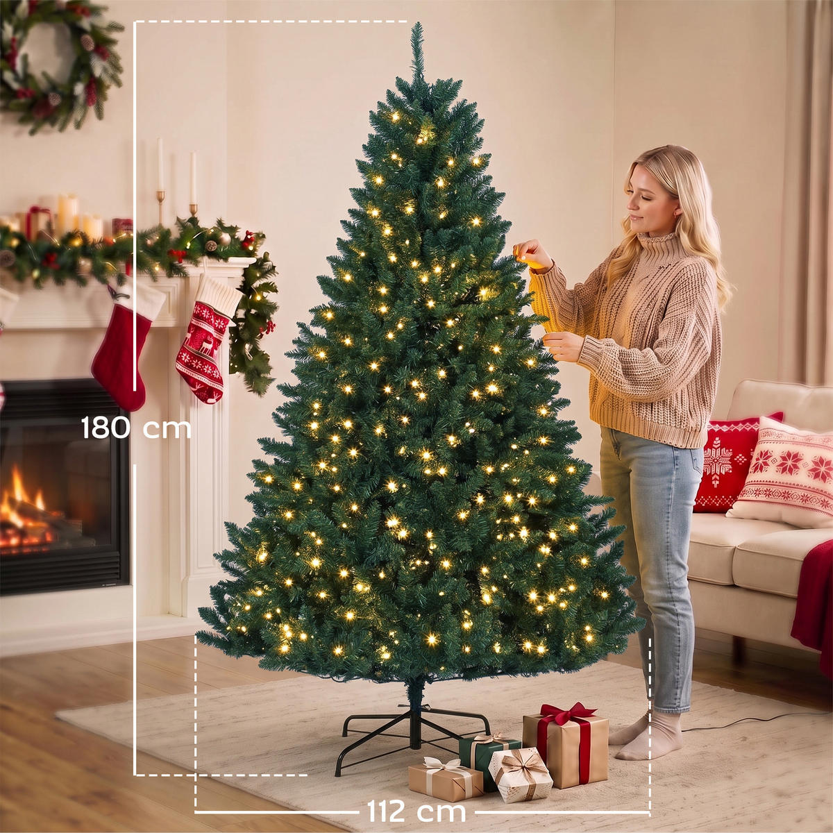 KÜNSTLICHER Weihnachtsbaum, 180 cm Christbaum mit 1494 Spitzen, 550 LED-Leuchte - Grün, Kunststoff (180cm) - HOMCOM