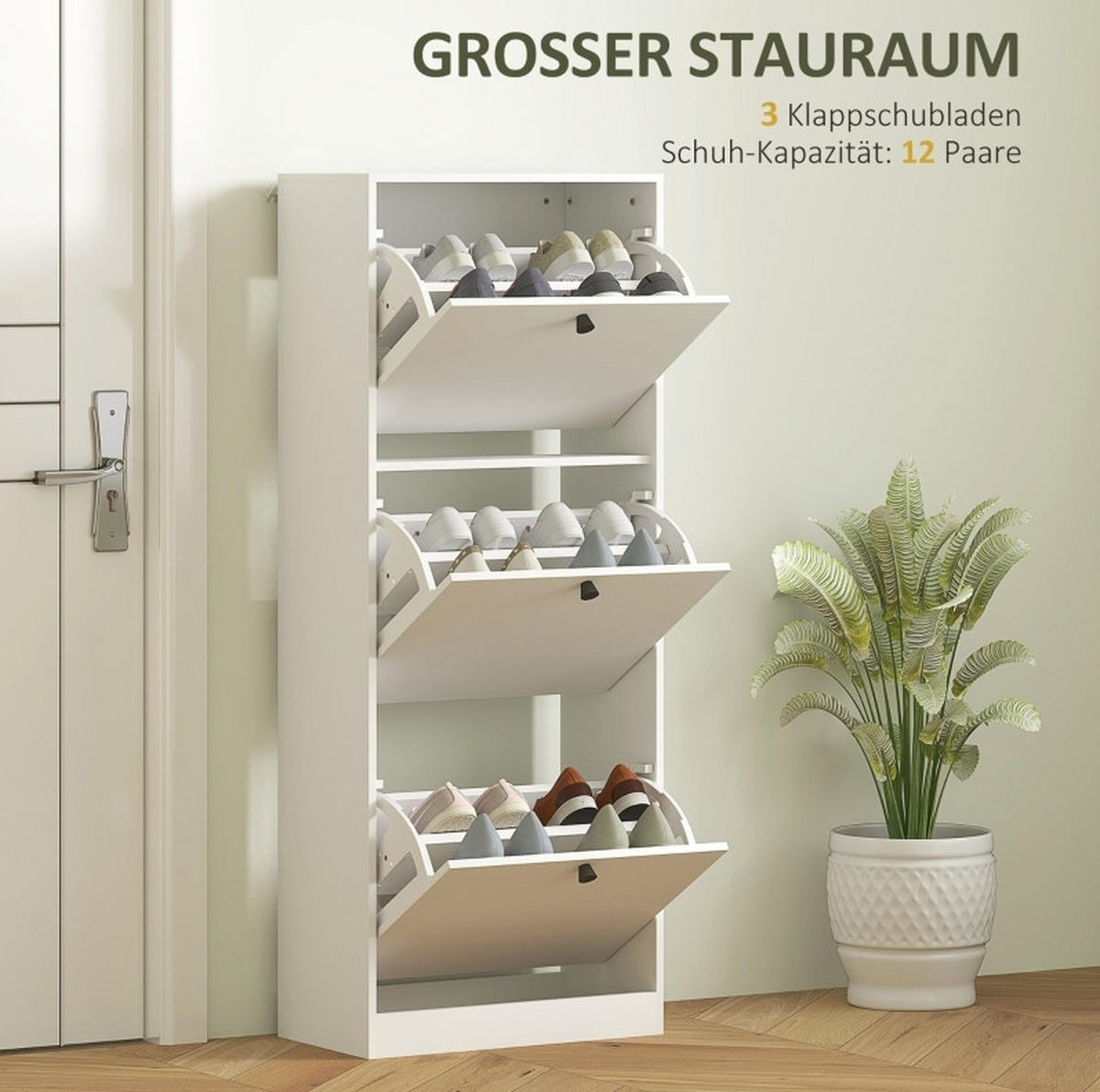SCHUHSCHRANK 47/26/120 cm mit 3 Klappen und verstellbaren Einlegeböden, platzsparend, Weiß - Weiß, Holz (47/120/26cm) - Redom