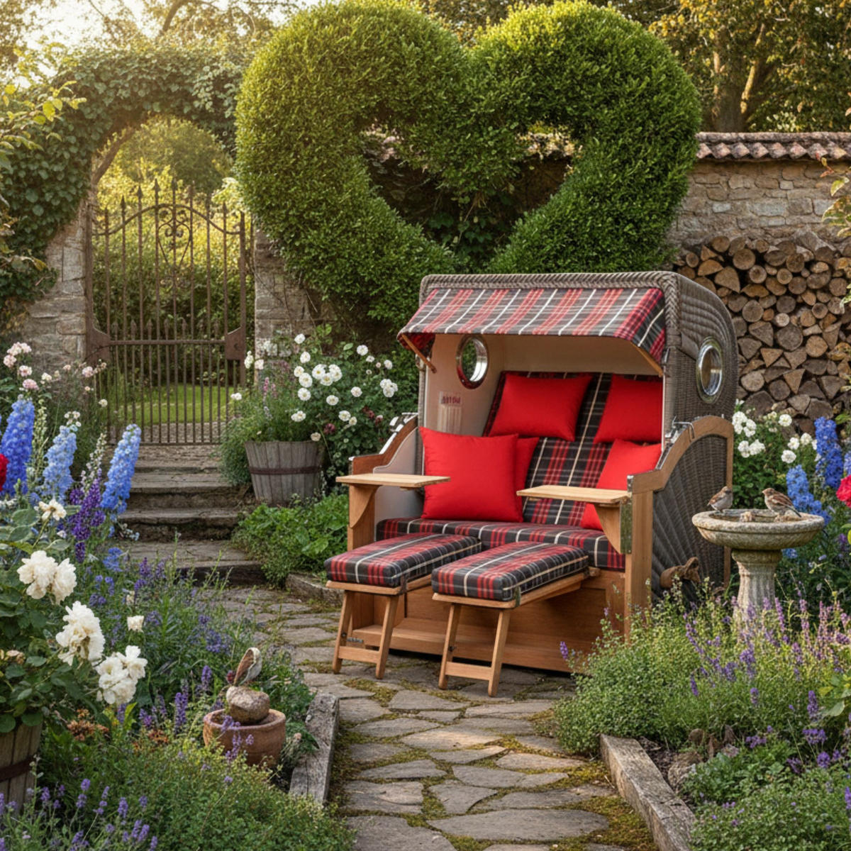 STRANDKORB Baltikum Teak 2,5 Sitzer - Braun/Grau, Holz/Metall (142/170/95cm) - Mr. Deko