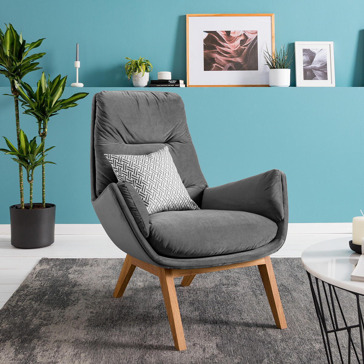 SESSEL mit Holzfüßen - Eichefarben/Grau, Eichenholz/Textil (83/95/97cm) - home24