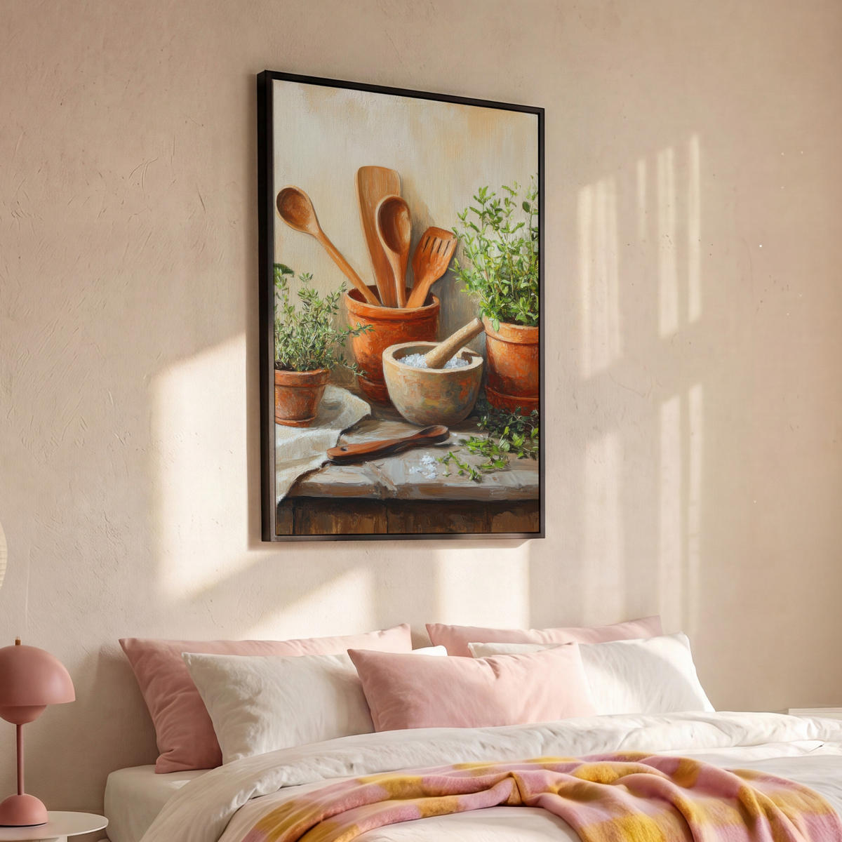 LEINWAND Bilder mit Rahmen - Töpfe - Kräuter - Holz - 80x120 - Terracotta, Textil (80/120cm) - MuchoWow