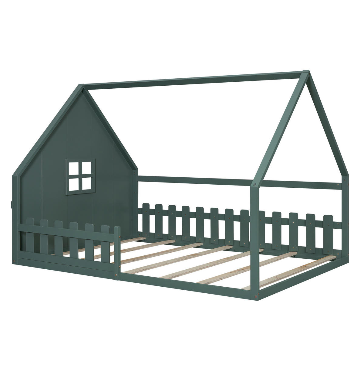 DETSKÁ posteľ z borovice a MDF 140x200 cm zelená s domčekovým rámom a bezpečnostným zábradlím - zelená, kompozitné drevo (140/200cm) - Modfu