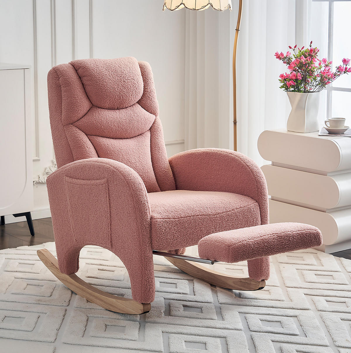 SCHAUKELSTUHL 66/125/101 cm rosa aus Lammfell-Optik mit Fußhocker - Rosa, Textil (125/101/66cm) - OKWISH