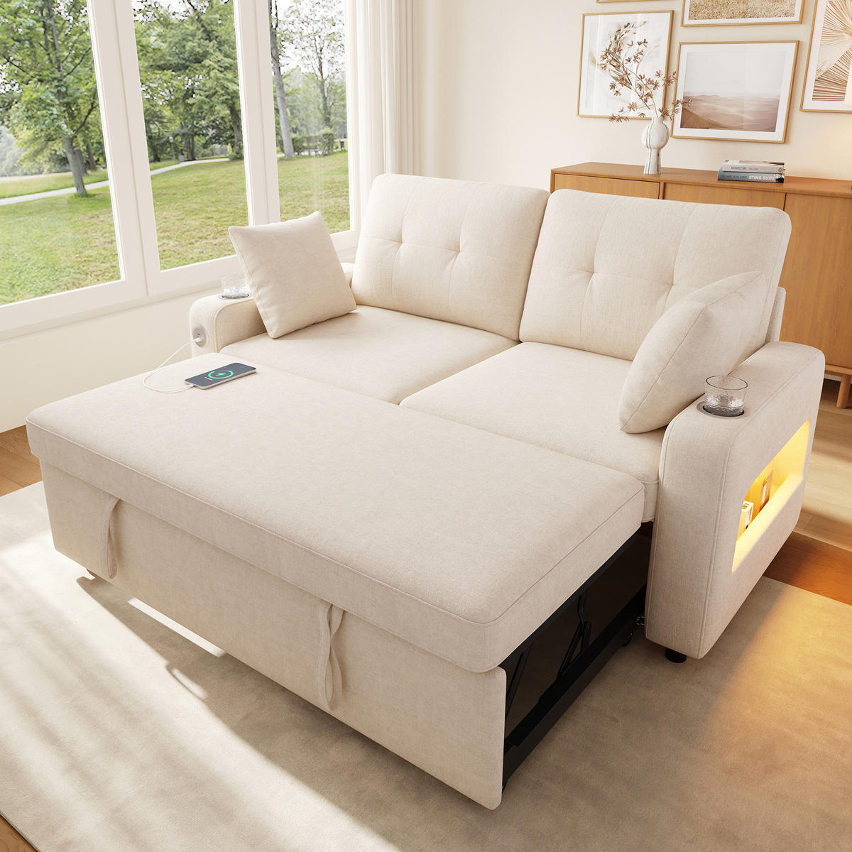SOFA NA RAZVLAČENJE 2-sjedalo u bež boji s funkcijom spavanja, chenille - bež/crna, drvni materijal/tekstil (141.5/83.5/131cm) - CHICFURN