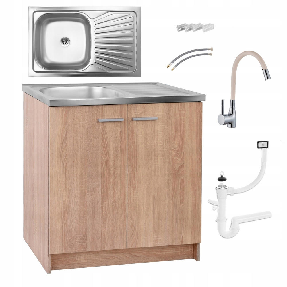 SPÜLUNTERSCHRANK 80cm mit Spüle + Armatur + Siphon Sonoma-Eiche - Sonoma Eiche, Holzwerkstoff (80/82/46cm) - Stamar