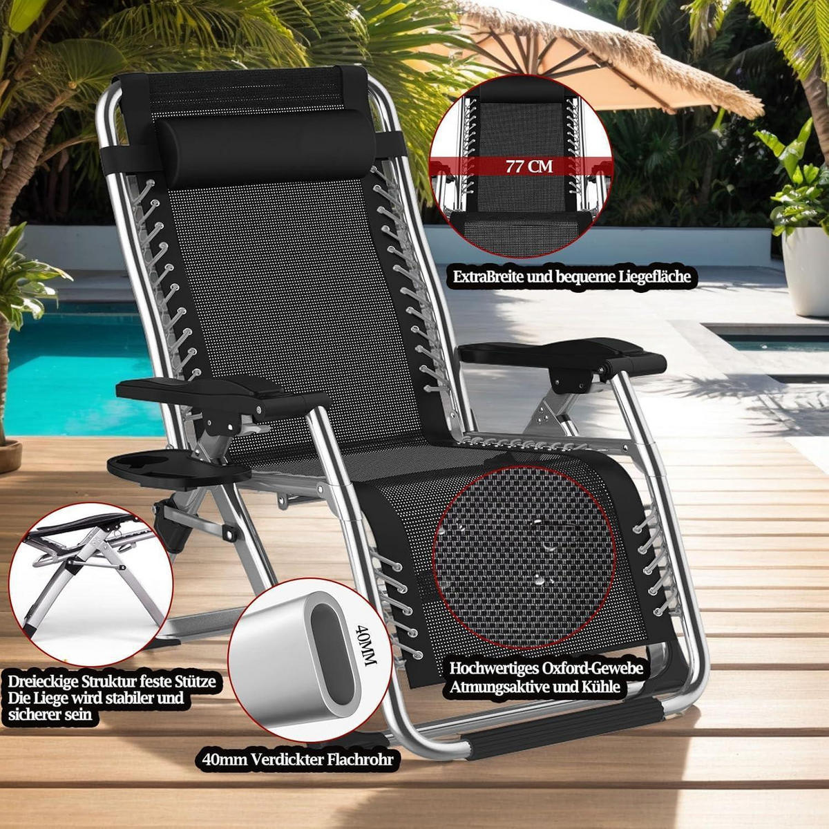 SONNENLIEGE Grau 83 cm - Schwarz, Metall (83/80/175cm)