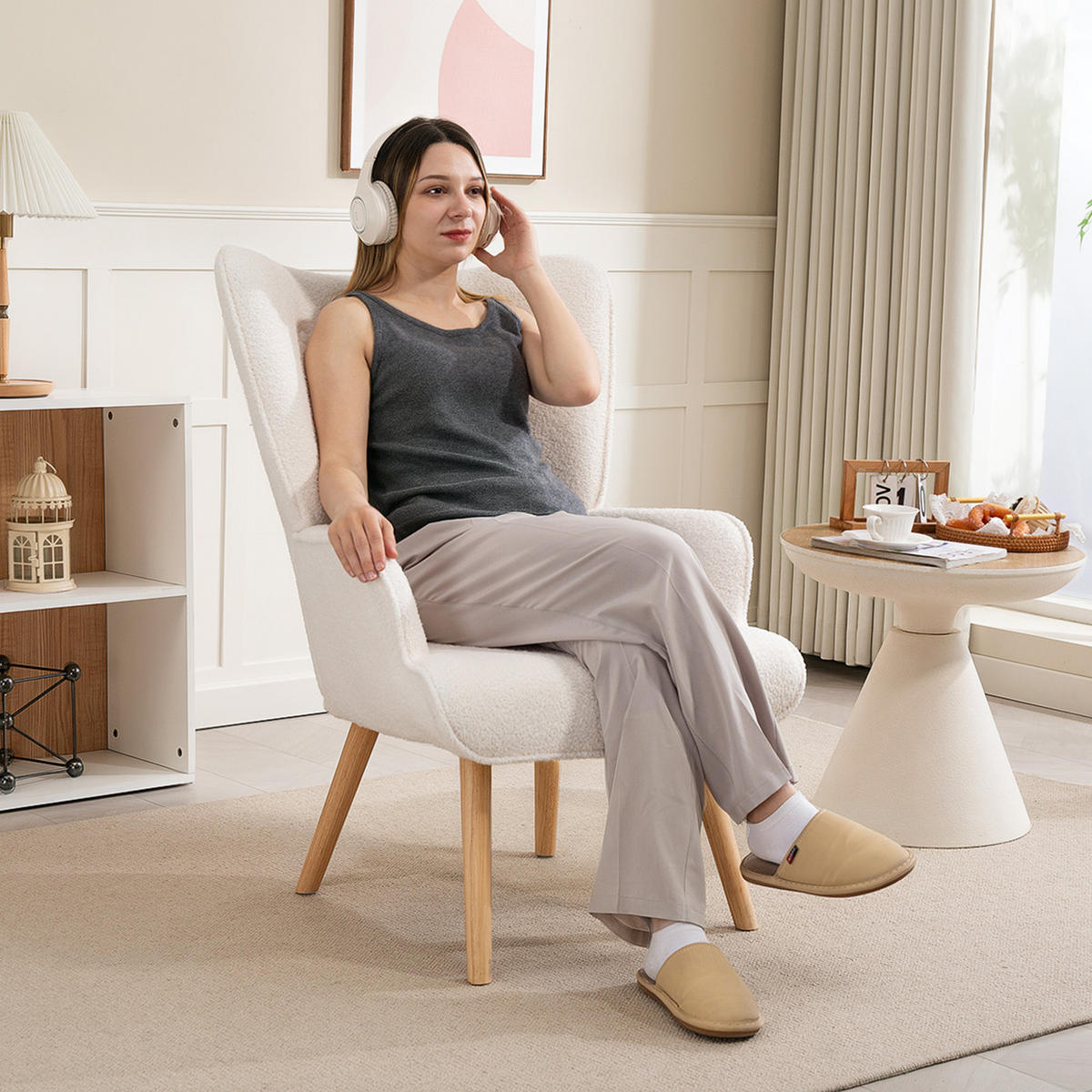 SESSEL DE-13279 Bouclé-Stoff & Knopfheftung Beige - Beige, Holz (71/96/74cm) - ComfortXL
