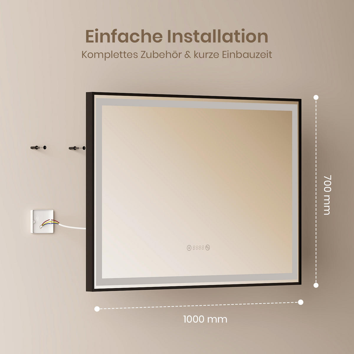 BADSPIEGEL mit Beleuchtung Schwarzer Rahmen 100/70 cm - Weiß, Glas (70/4/100cm) - EMKE