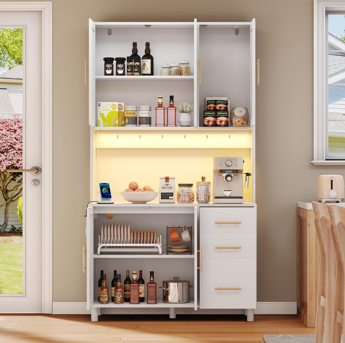 BUFFET aus MDF 100x40x183 cm Weiß mit App-gesteuerter LED-Beleuchtung, Steckdosen, USB-Anschluss und viel Stauraum - Weiß, Holzwerkstoff (100/183/40cm) - Modfu