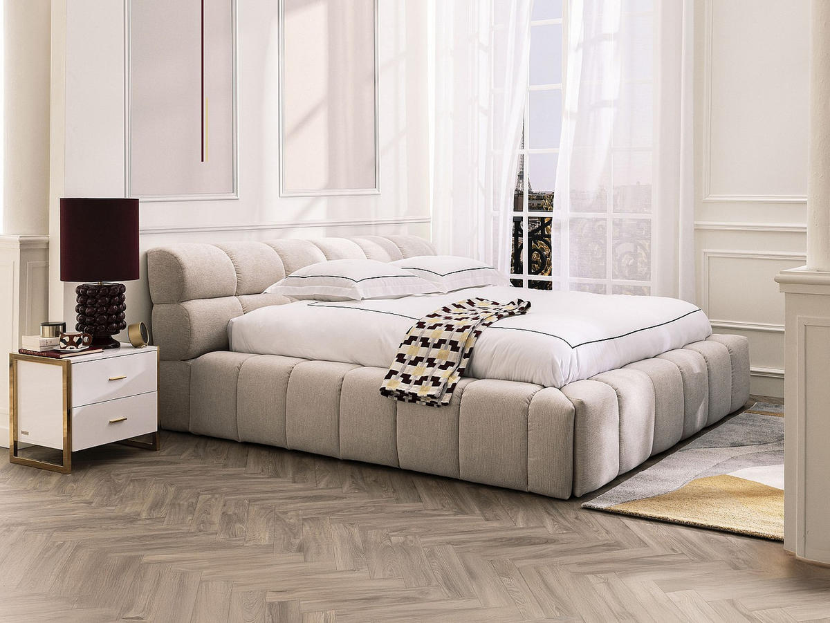 BETT mit Bettkasten - 2 Personen - Stoff - Beige - - Beige, Textil (200/200cm) - Vente-Unique