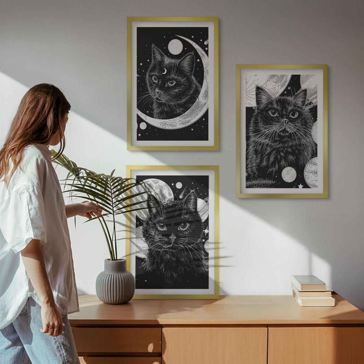 BILDER SET 3er Set - 40x60 cm Goldrahmen - Schwarze Katzen, Mond, Weltraum - Goldfarben, Kunststoff (40/60cm) - TULUP