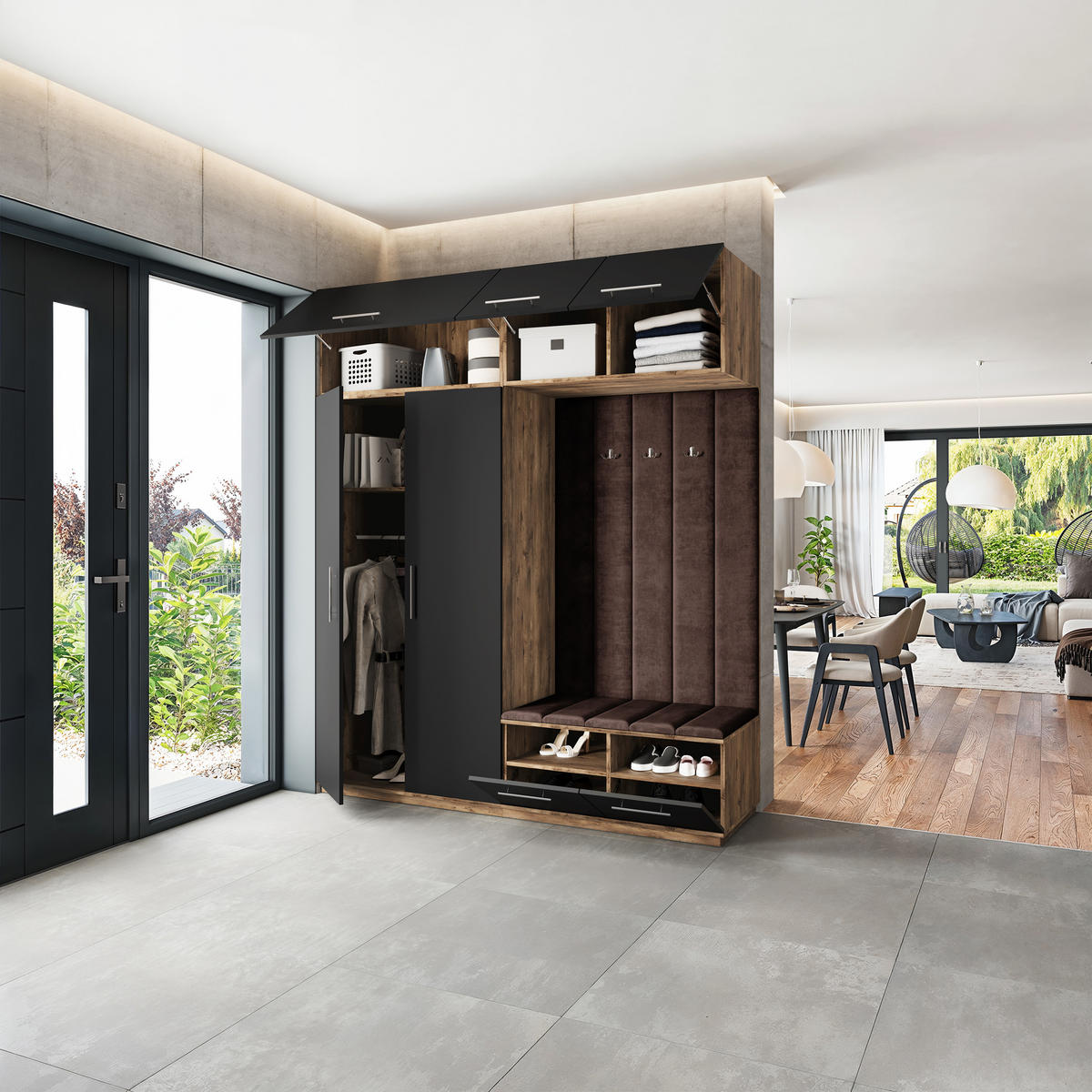 GARDEROBENSCHRANK REMA 200/240/60 cm Modern Garderobe-Set Eiche Lefkas - Eichefarben/Schwarz, Holzwerkstoff (200/240/60cm) - MASSENO