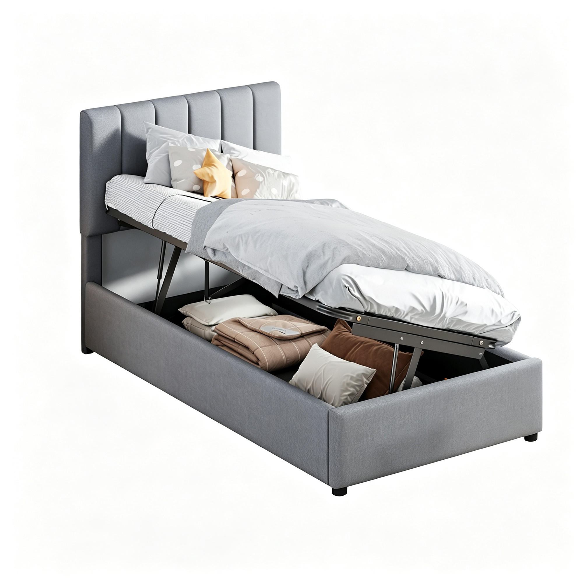 POLSTERBETT 90×200 cm mit bettkasten, hydraulisches stauraumbett, kinderbett mit hohes leinen-kastenbett, grau - Grau, Holz/Metall (90/200cm) - GENKI LIVING