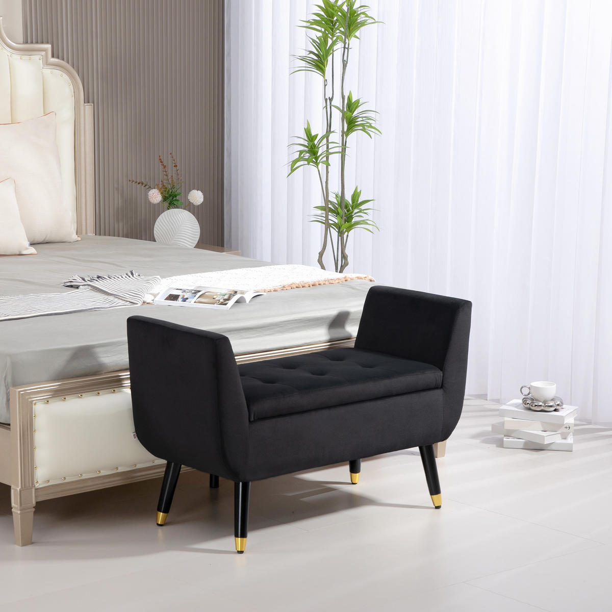 LUXUS Sitzbank Polsterbank mit Stauraum Armlehnen Polyester Holz Dunkelgrau - Dunkelgrau, Kunststoff (42/65/107cm) - HOMCOM