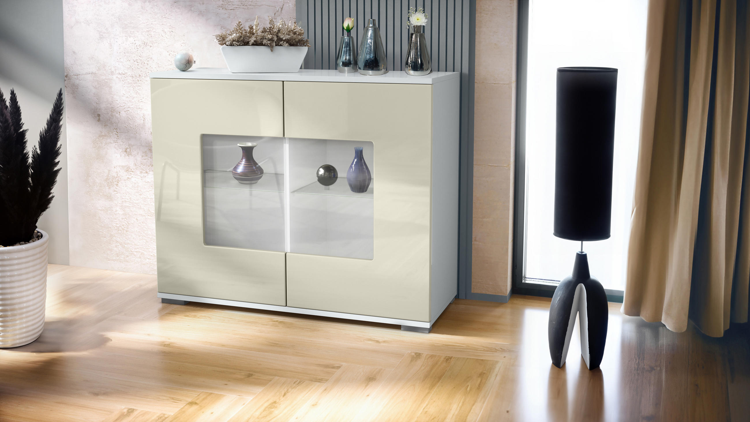 KOMMODE Grömitz Creme Hochglanz - Creme, Holzwerkstoff (92.5/75.5/35cm) - Vladon