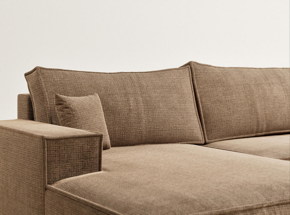 WOHNLANDSCHAFT Kyoto Hellbraun Chenille-Stoff - Hellbraun/Schwarz, Holz/Holzwerkstoff (398/70/148cm) - Maison de Reve