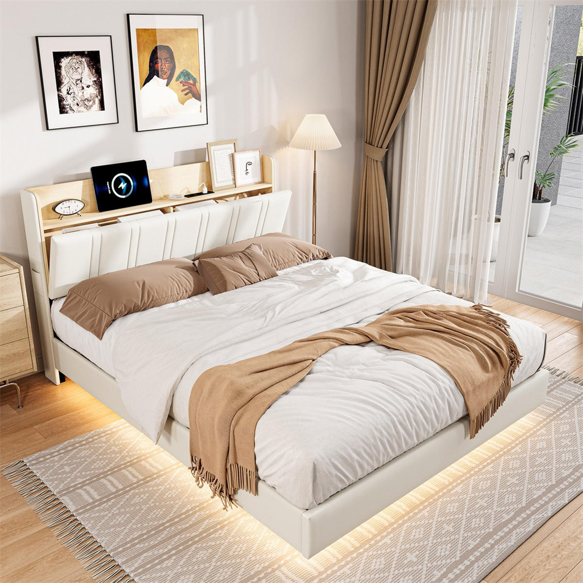 POLSTERBETT 140 x 200 cm - versteckter Stauraum im Kopfteil und Ladestation - LED-Beleuchtung - Weiß - Weiß, Textil (140/200cm) - DELFA