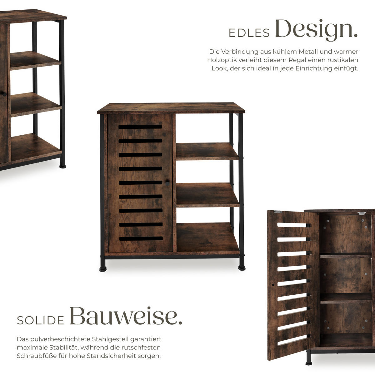 SIDEBOARD ,mit höhenverstellbaren Kunststofffüßen, 70 x 32 x 82 cm,Industrial Holz dunkel, rustikal - Rostfarben, Holzwerkstoff (32/82/71cm) - tectake
