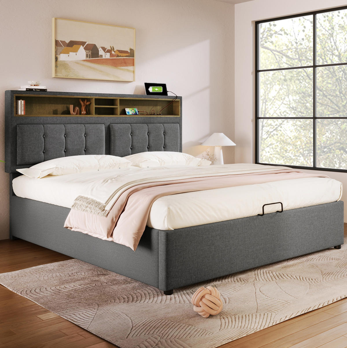 POLSTERBETT 140/200 cm in Grau mit Stauraum und USB- und Type-C-Anschlüssen - Grau, Textil (140/200cm) - Flora Grace