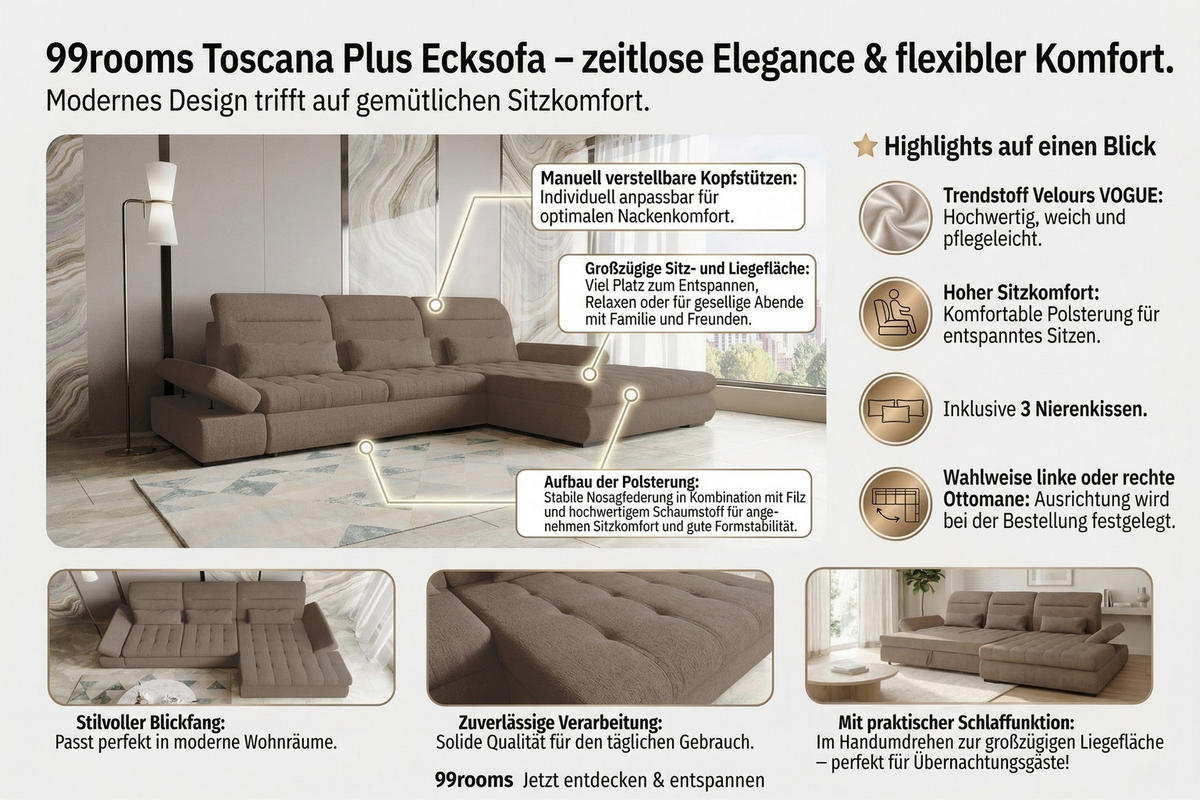 ECKSOFA Toscana Plus Velours inkl. Schlaffunktion - Dunkelblau, Textil (300/179cm) - 99rooms