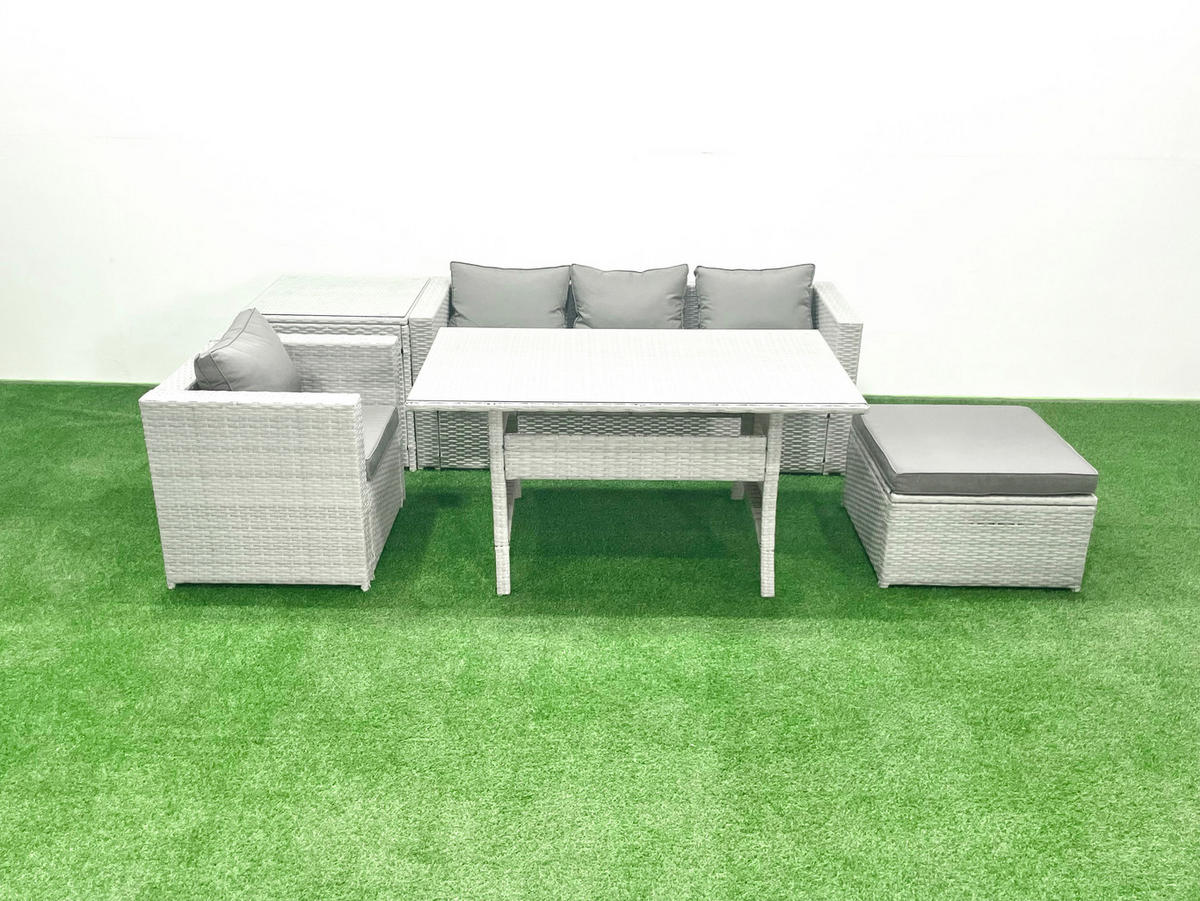 GARTENSET mit Esstisch,Sofa,Großer Hocker,Stuhl Polyrattan Hellgrau 5-Sitzer - Hellgrau/Grau, Glas/Kunststoff - Fimous
