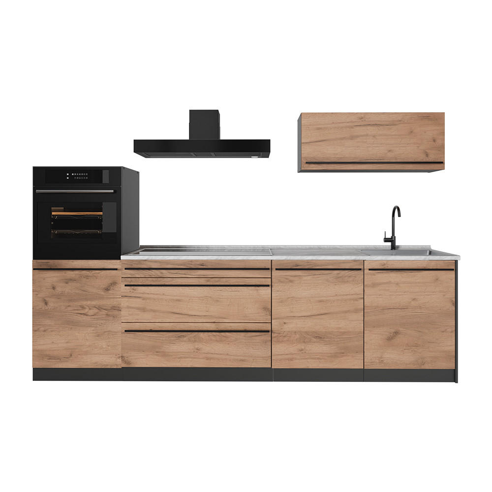 KÜCHENZEILE R-Line, Goldkraft Eiche/Anthrazit, 280 cm Arbeitsplatte Marmor - Honigeiche/Anthrazit, Holzwerkstoff (280/143/60cm) - Vicco